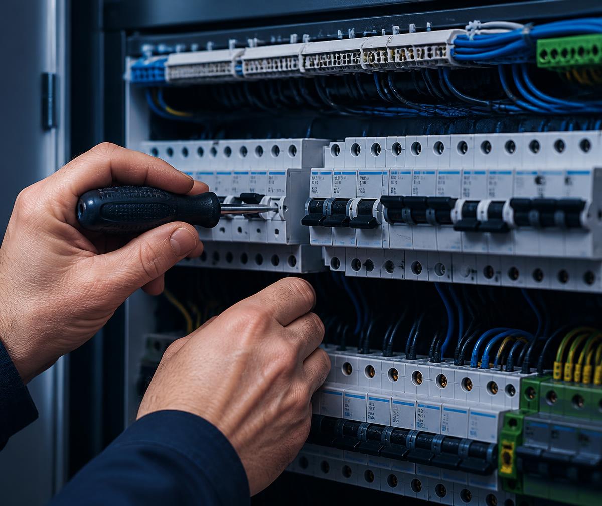 Technician working on circuit breakers inside a consumer unit