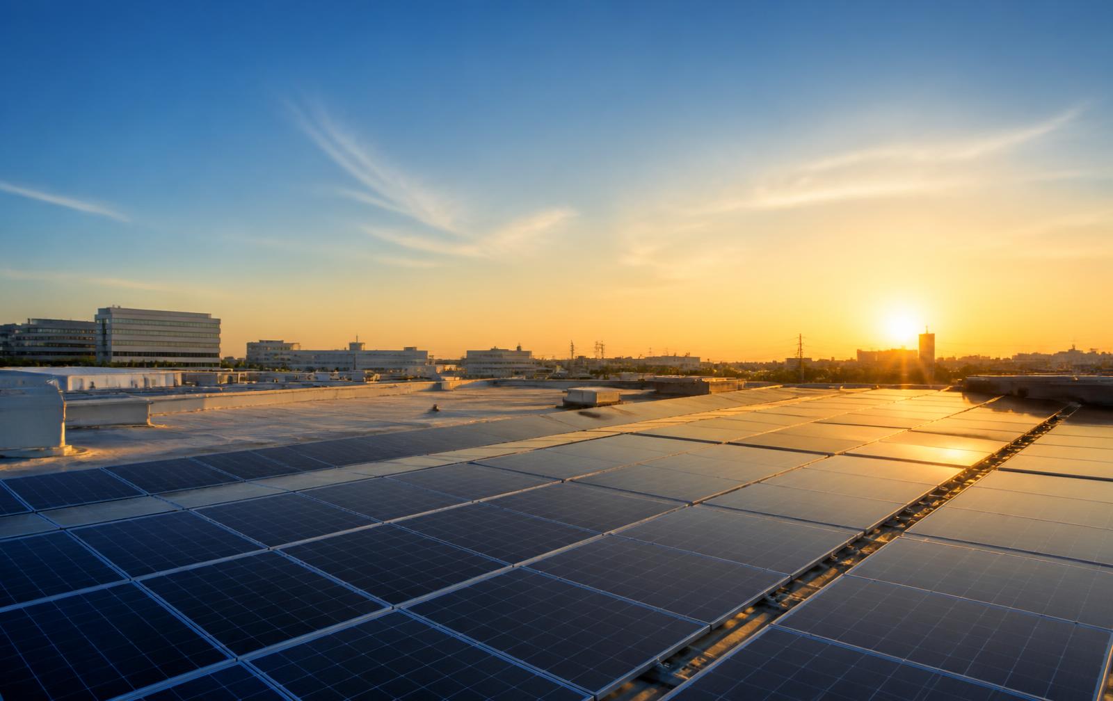 Rooftop solar panel array on a commercial building